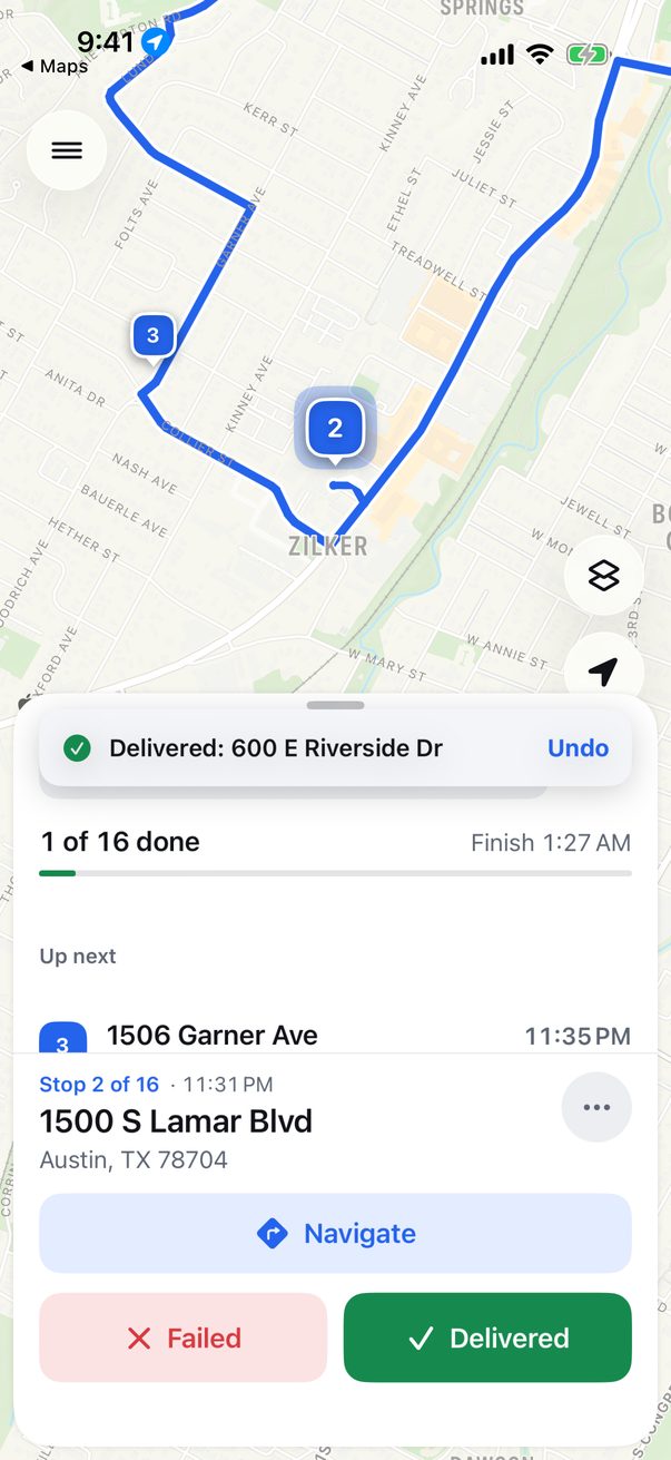 RouteMap while driving: the next stop with Navigate, Failed and Delivered buttons, and an Undo for the last delivery.