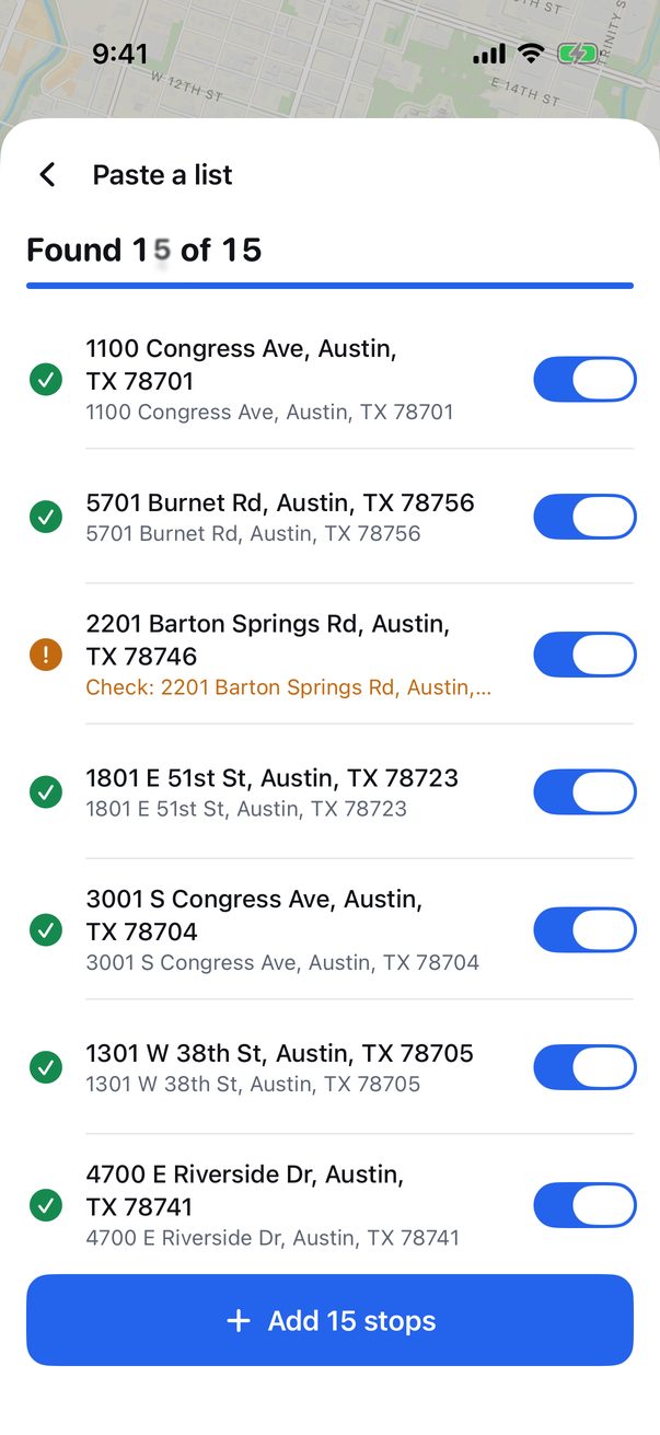 RouteMap's review list after pasting addresses: 15 of 15 found, with one marked Check address.